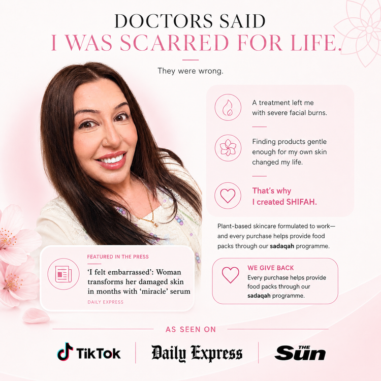 Founder Shifah beside text about her skin journey, SHIFAH and giving through sadaqah